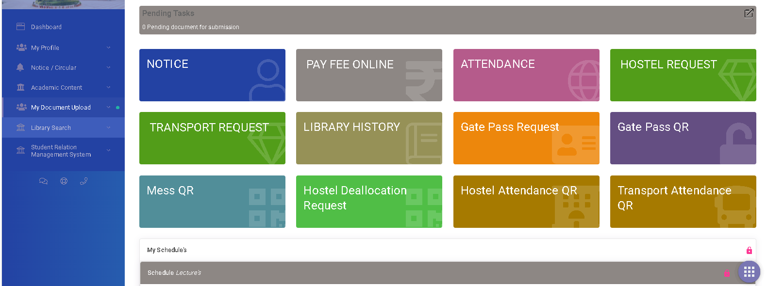 ESCOP student self-service dashboard with fee, attendance, hostel and transport tiles