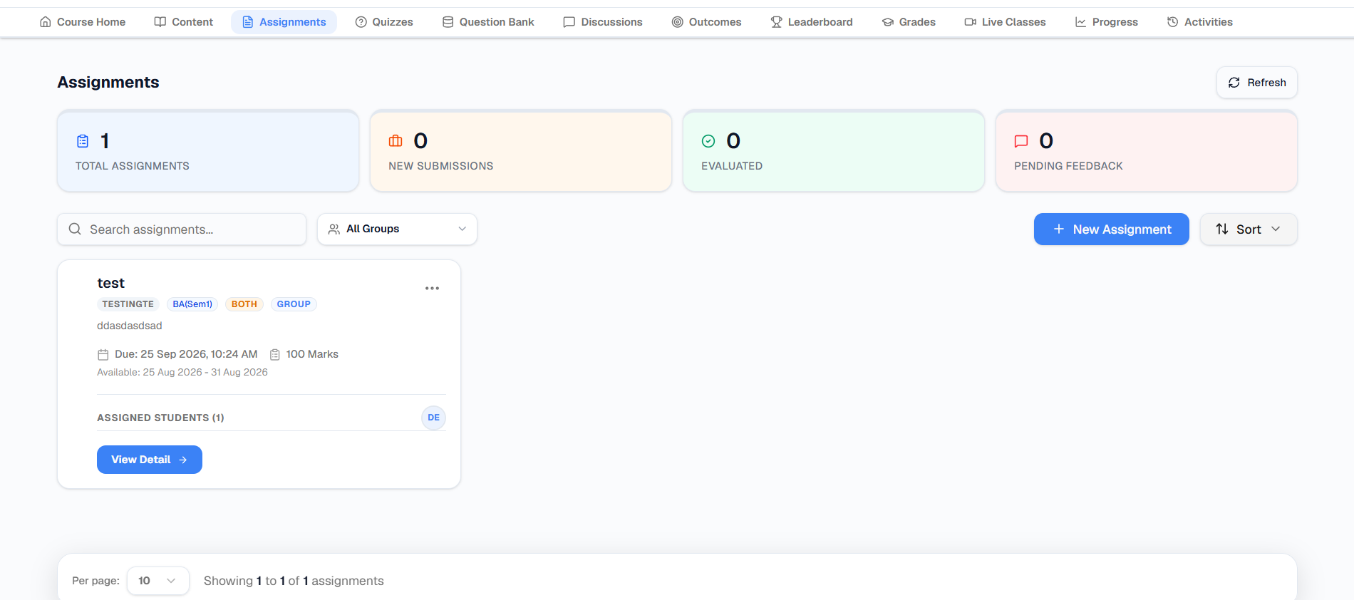 Knowledge Setu assignment tracking screen with submission and evaluation counts