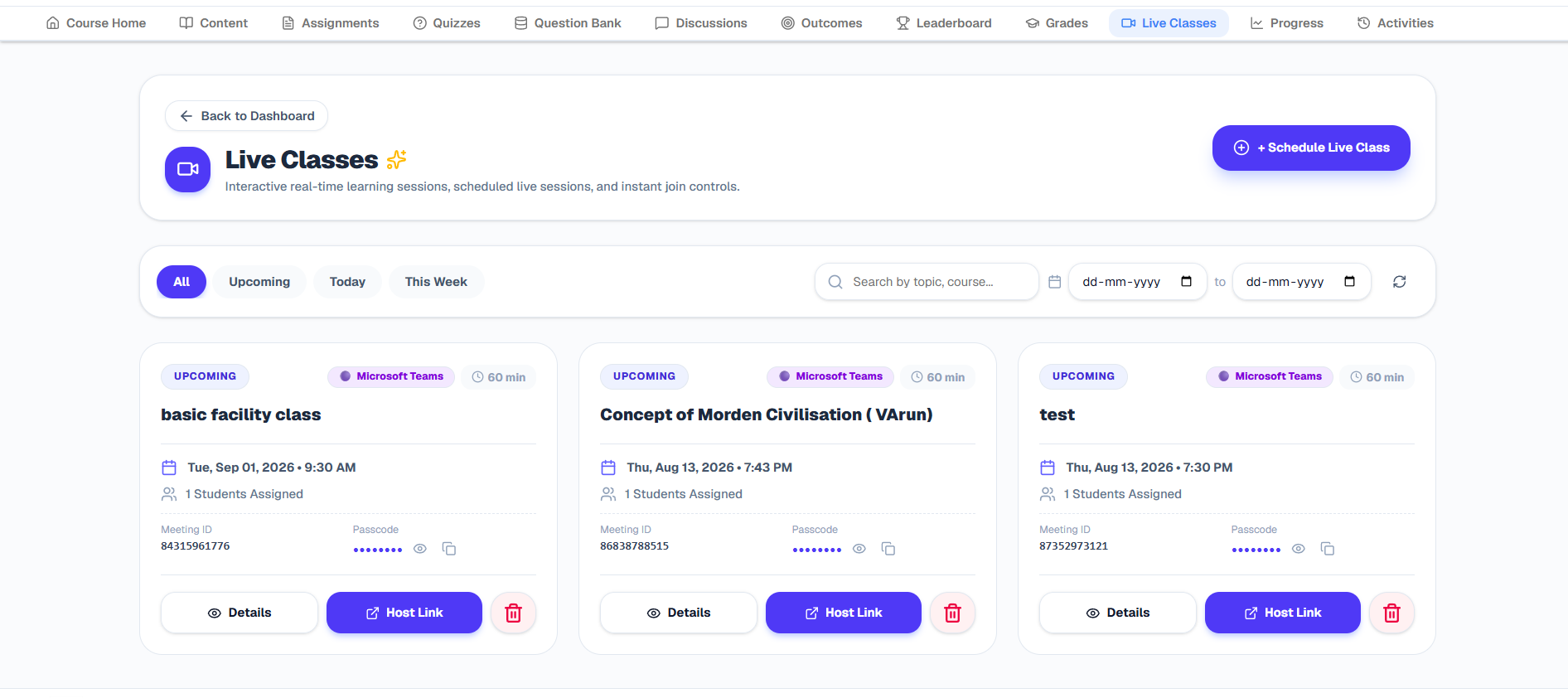 Knowledge Setu live classes screen showing scheduled Microsoft Teams sessions